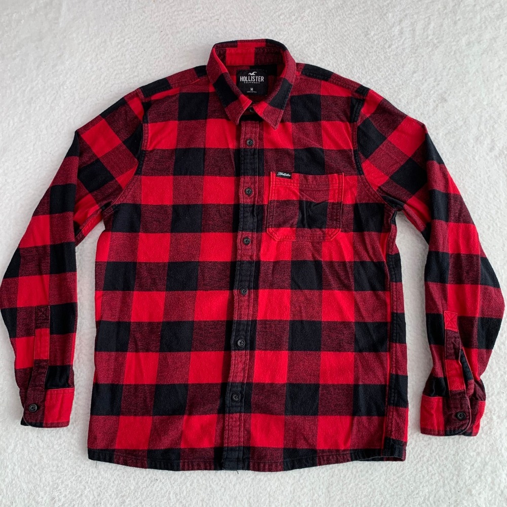 Hollister Button Down Flannel Shirt Mens M Plaid 100% Cotton Casual Black Red